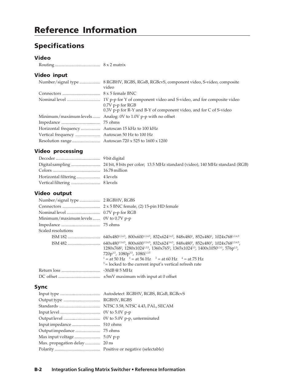 Reference information, Specifications, Video | Video input, Video processing, Video output, Sync | Extron Electronics ISM 182 User Manual | Page 86 / 96