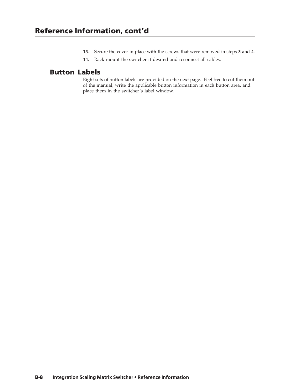 Reference information, cont’d, Button labels | Extron Electronics ISM 182 User Manual | Page 92 / 96