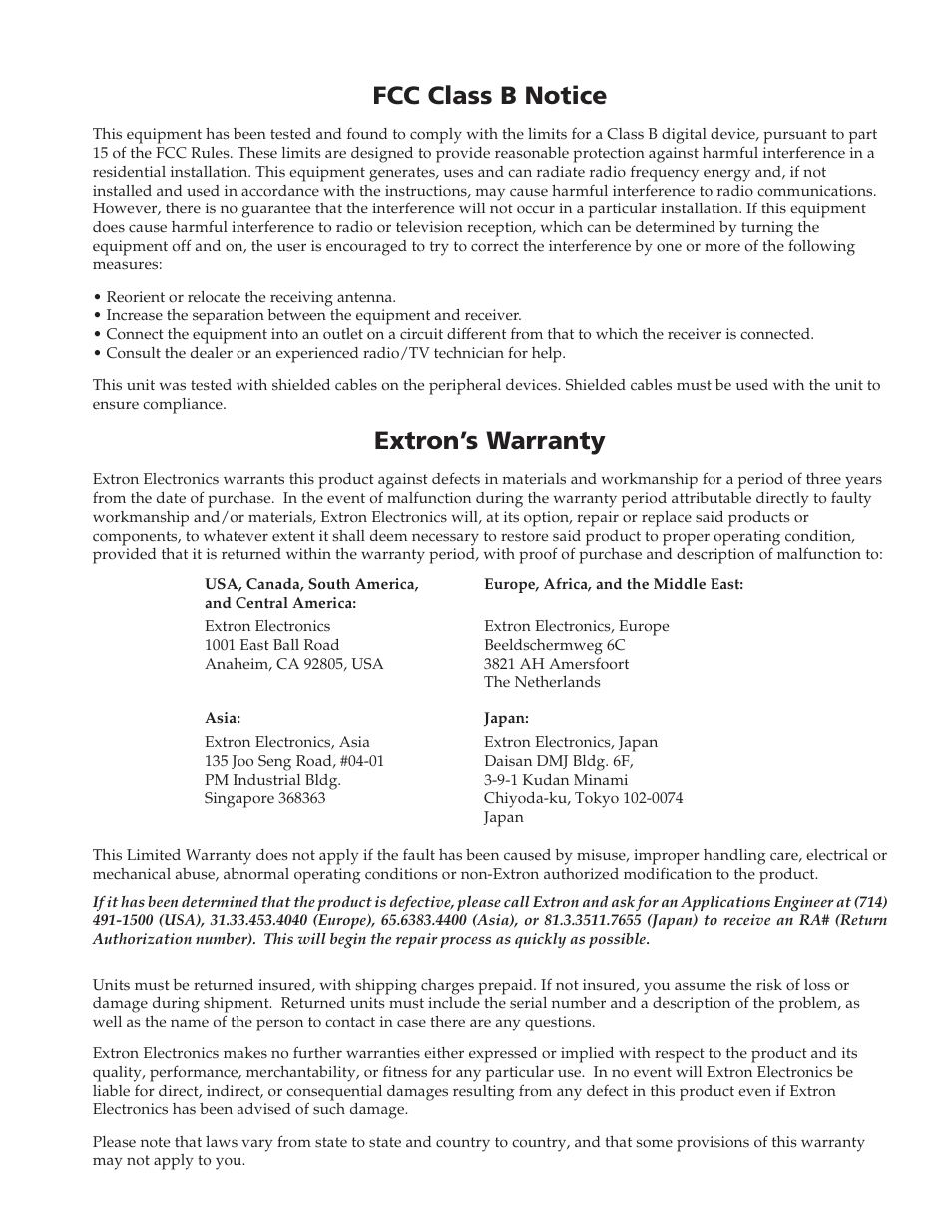 Fcc class b notice, Extron’s warranty | Extron Electronics ISM 182 User Manual | Page 95 / 96