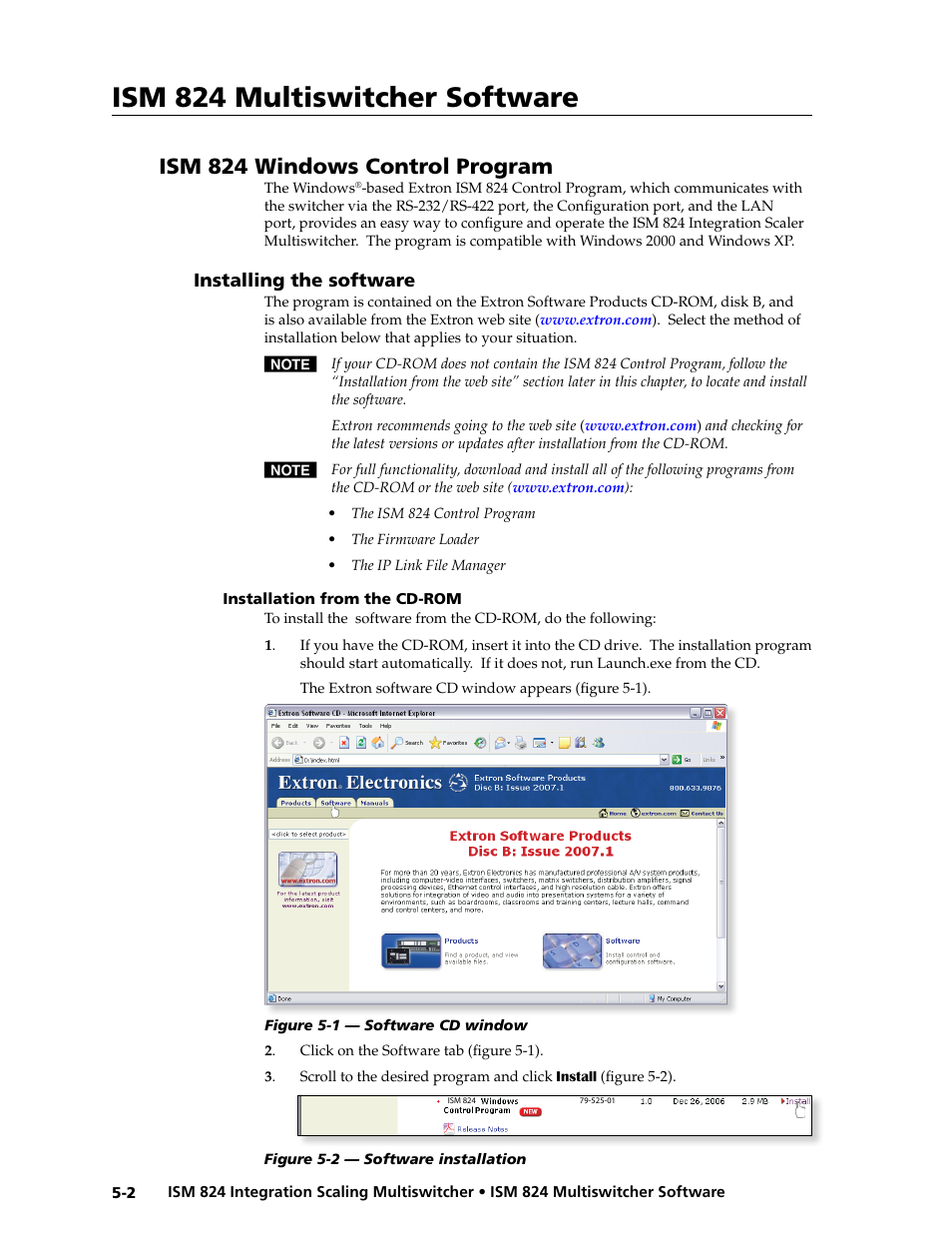 Ism 824 windows control program, Installing the software, Installation from the cd-rom | Installing the software -2, Installation from the cd rom, Ism 824 windows, Control program, Ism 824 multiswitcher software | Extron Electronics ISM 824 User Manual | Page 114 / 180