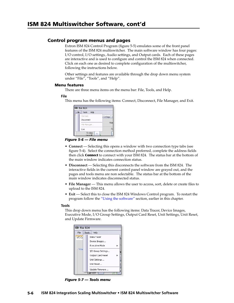 Menu features, File, Tools | Control program menus and pages -6, Ism 824 multiswitcher software, cont’d, Control program menus and pages | Extron Electronics ISM 824 User Manual | Page 118 / 180