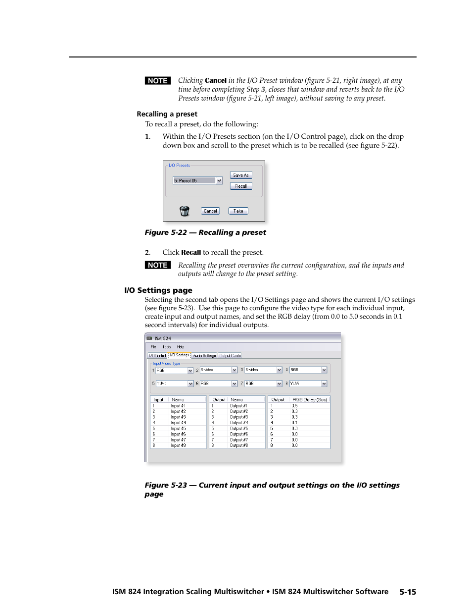 Recalling a preset, Recalling a preset, I/o settings page -15 | Extron Electronics ISM 824 User Manual | Page 127 / 180