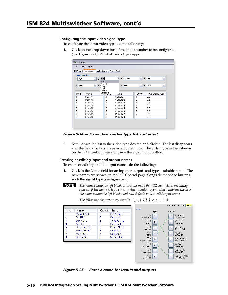 Configuring the input video signal type, Creating or editing input and output names, Configuring the input video signal type | Creating or editing input and output name, Ism 824 multiswitcher software, cont’d | Extron Electronics ISM 824 User Manual | Page 128 / 180