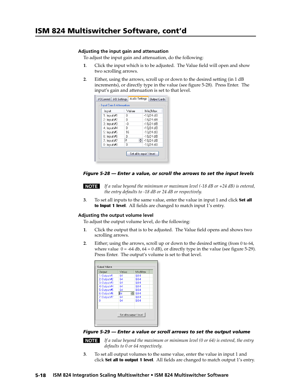 Adjusting the input gain and attenuation, Adjusting the output volume level, Adjusting the input gain and attenuation | Adjusting the output volume level, Ism 824 multiswitcher software, cont’d | Extron Electronics ISM 824 User Manual | Page 130 / 180