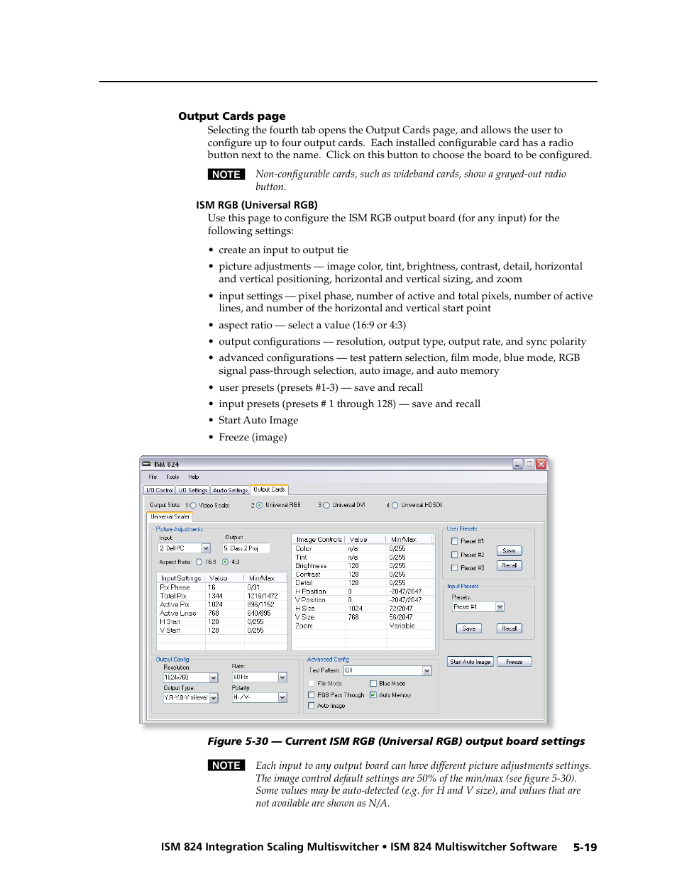 Universal scaler, Output cards page, Universal rgb | Extron Electronics ISM 824 User Manual | Page 131 / 180