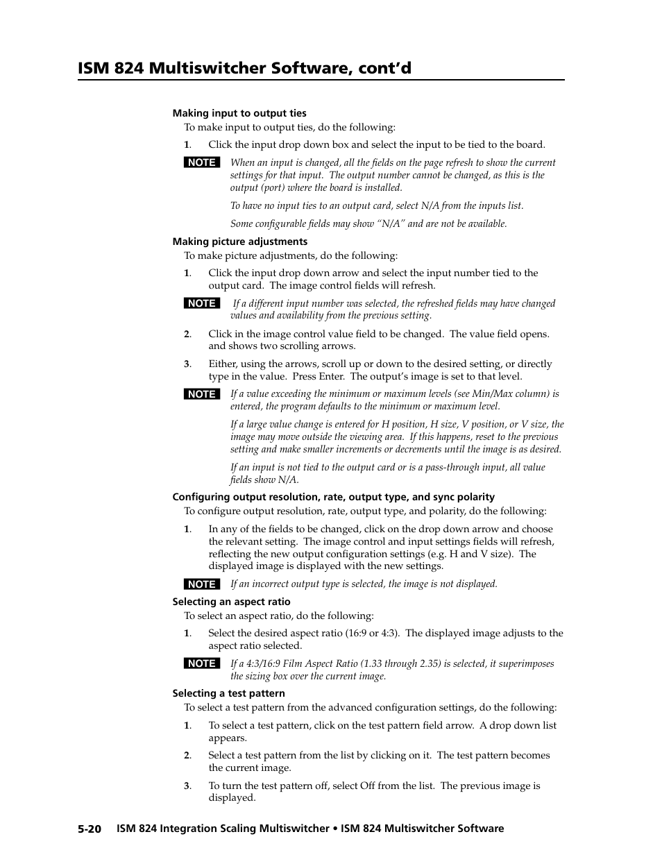 Making input to output ties, Making picture adjustments, Selecting an aspect ratio | Selecting a test pattern, Making input to output ties, Making picture adjustments, Selecting an aspect ratio, Selecting a test pattern, Ism 824 multiswitcher software, cont’d | Extron Electronics ISM 824 User Manual | Page 132 / 180