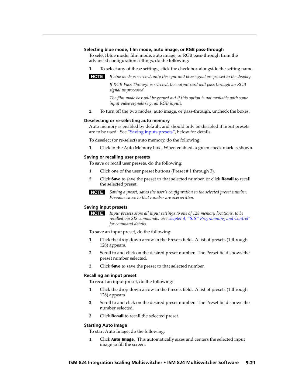 Deselecting or re-selecting auto memory, Saving or recalling user presets, Saving input presets | Recalling an input preset | Extron Electronics ISM 824 User Manual | Page 133 / 180