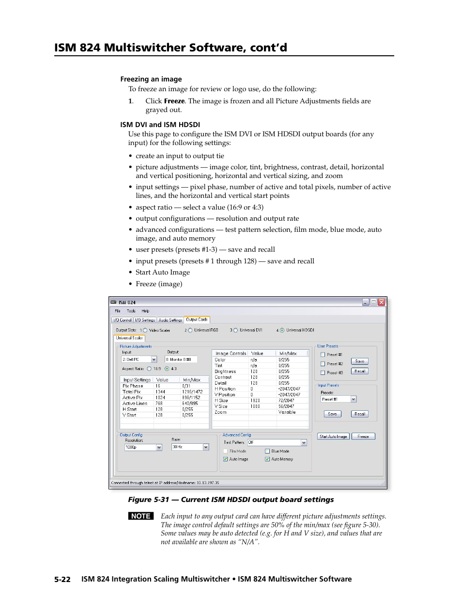 Freezing an image, Ism 824 multiswitcher software, cont’d | Extron Electronics ISM 824 User Manual | Page 134 / 180