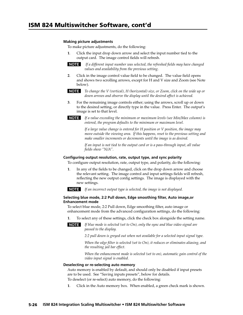 Making picture adjustments, Deselecting or re-selecting auto memory, Deselecting or re-selecting auto memory | Making picture adjustments, Auto image, or enhancement mod, Ism 824 multiswitcher software, cont’d | Extron Electronics ISM 824 User Manual | Page 138 / 180