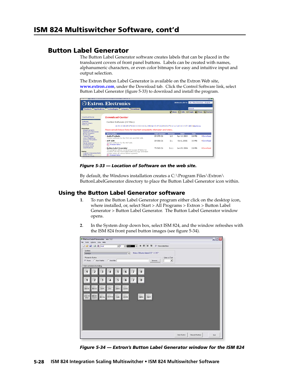 Button label generator, Using the button label generator software, Oftware | Ism 824 multiswitcher software, cont’d | Extron Electronics ISM 824 User Manual | Page 140 / 180