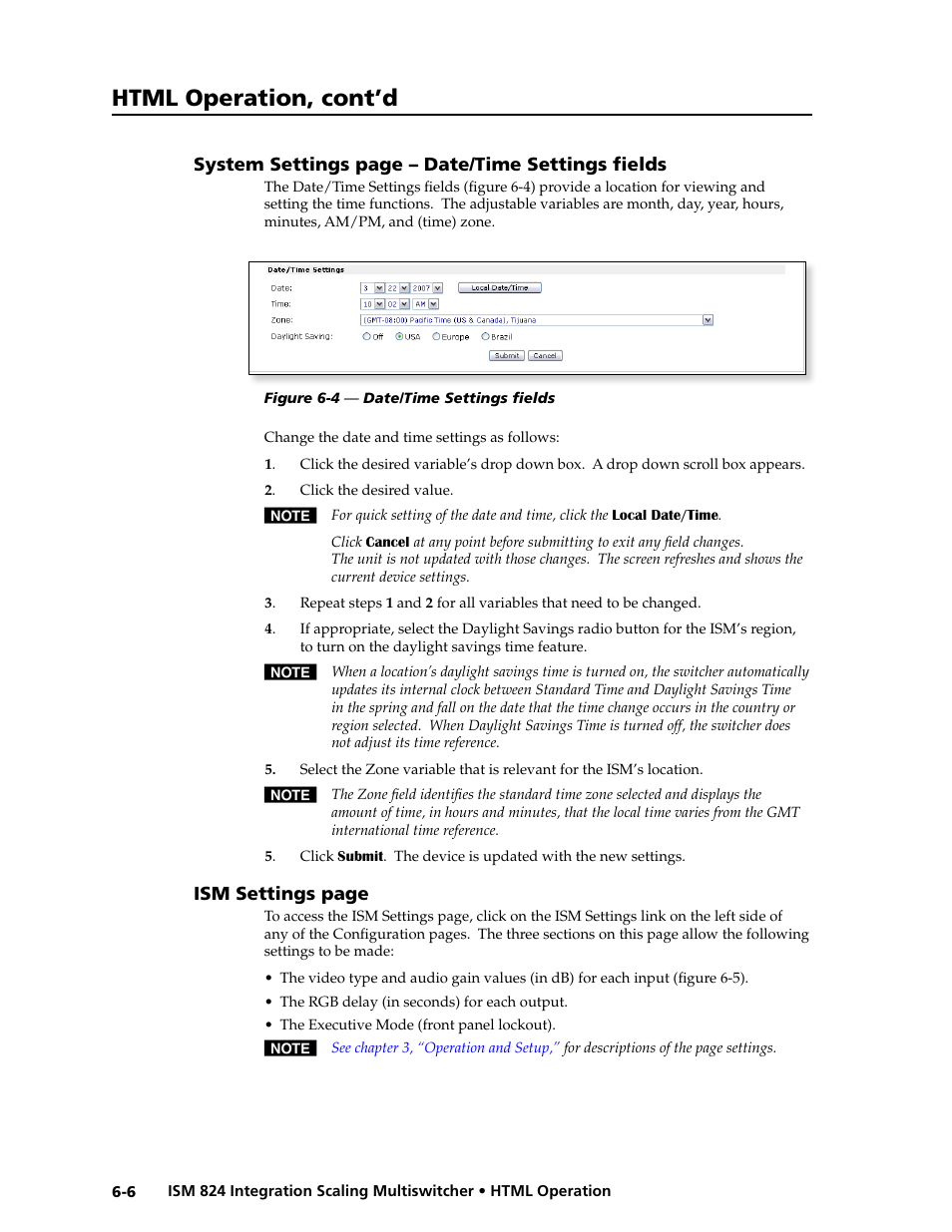 Html operation, cont’d, System settings page – date/time settings fields, Ism settings page | Extron Electronics ISM 824 User Manual | Page 148 / 180