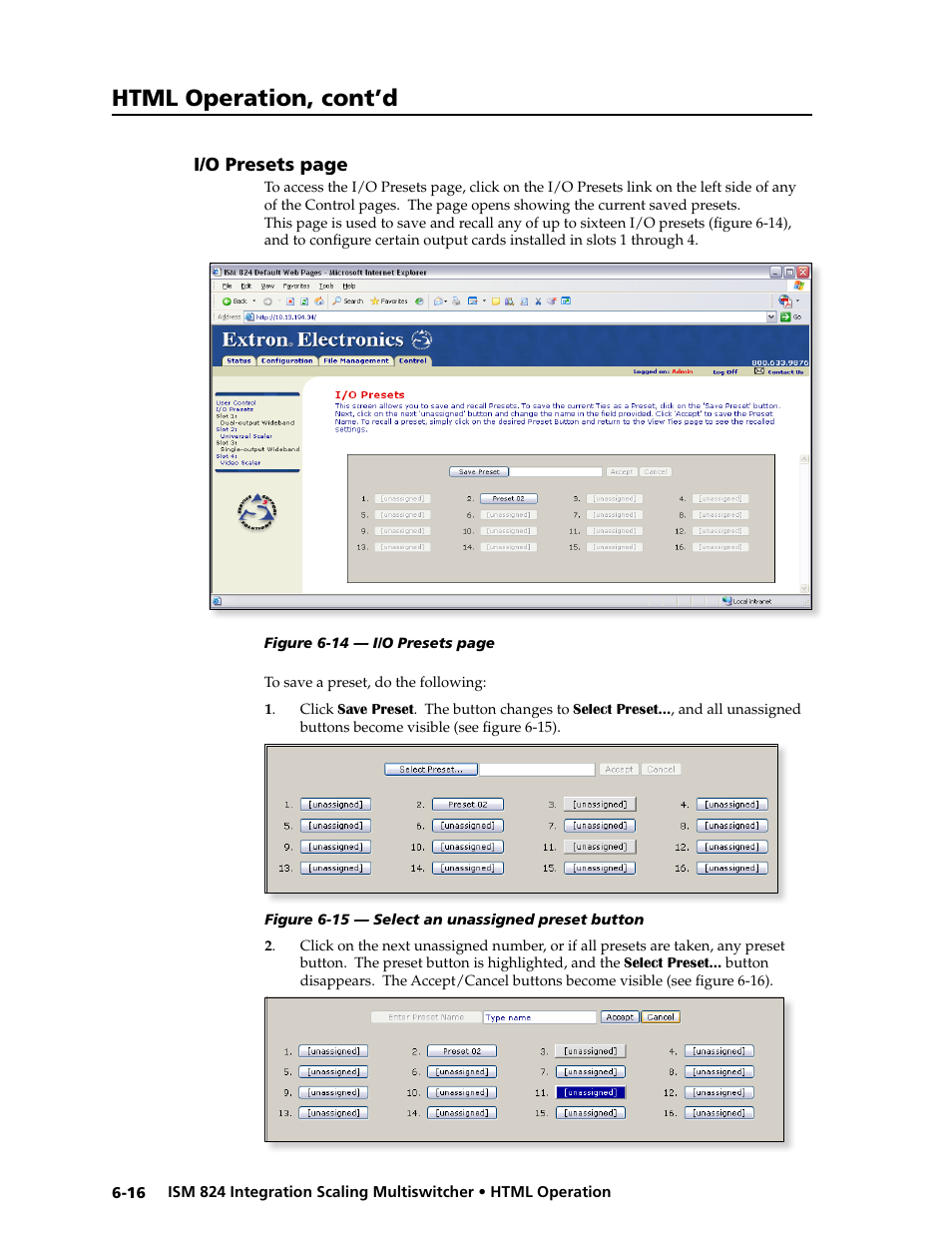 Presets page, Html operation, cont’d | Extron Electronics ISM 824 User Manual | Page 158 / 180