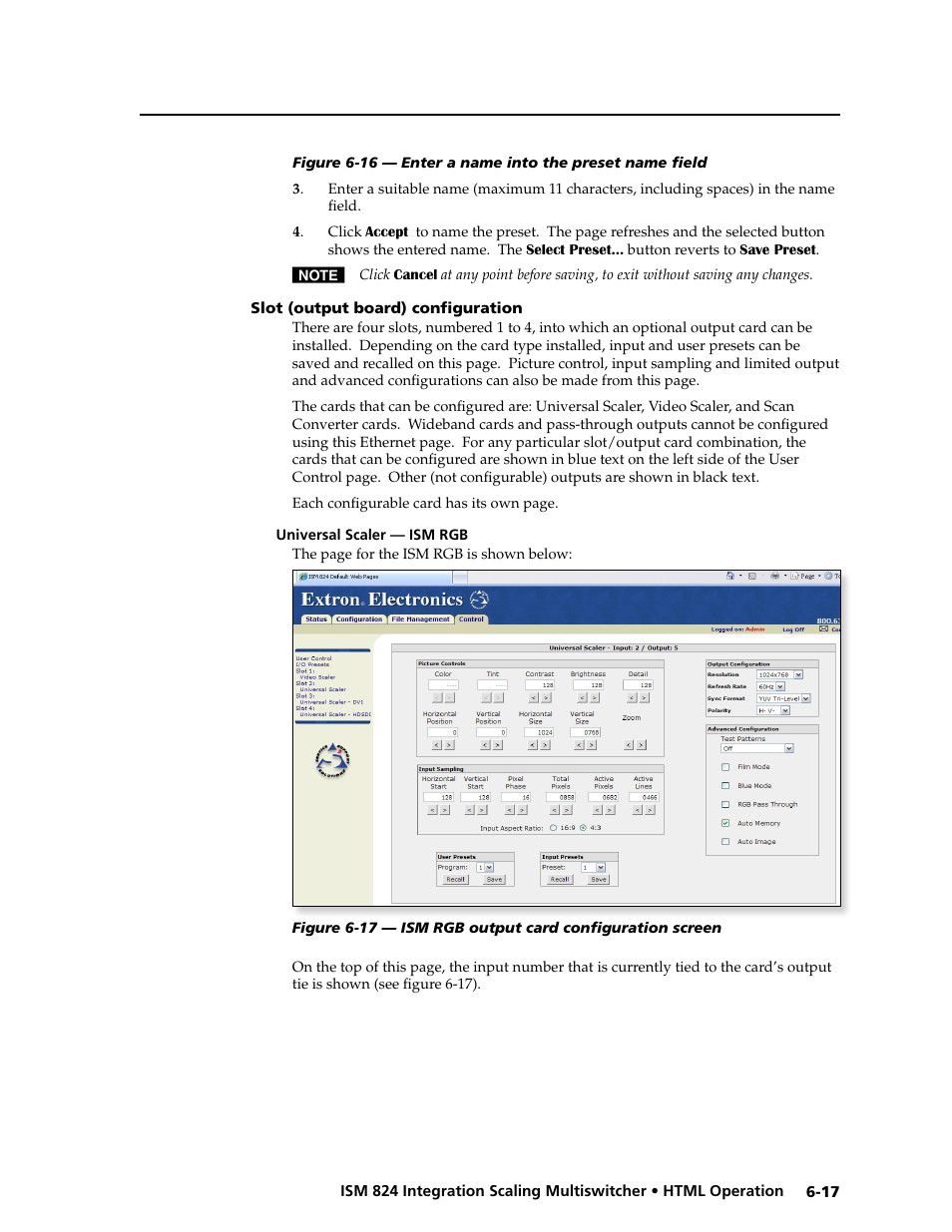 Slot (output board) configuration, Universal scaler — ism rgb, Ism dvi and ism hdsdi | Extron Electronics ISM 824 User Manual | Page 159 / 180