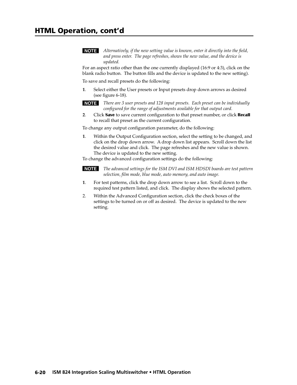 Ideo scaler — ism vs, Html operation, cont’d | Extron Electronics ISM 824 User Manual | Page 162 / 180