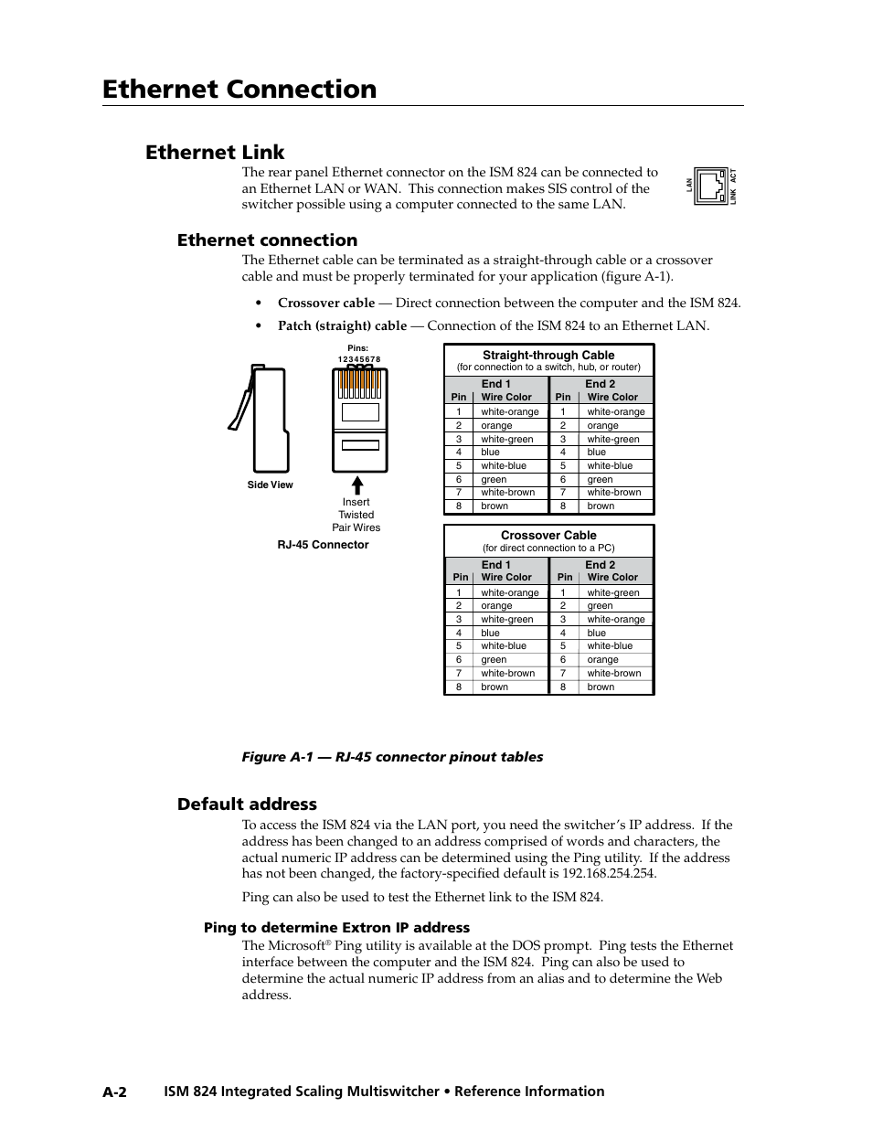 Ethernet link, Ethernet connection, Default address | Ping to determine extron ip addres, Ping to determine extron ip, Address” in appendix a, “ethernet connection, Default address, Ping to determine extron ip address | Extron Electronics ISM 824 User Manual | Page 166 / 180