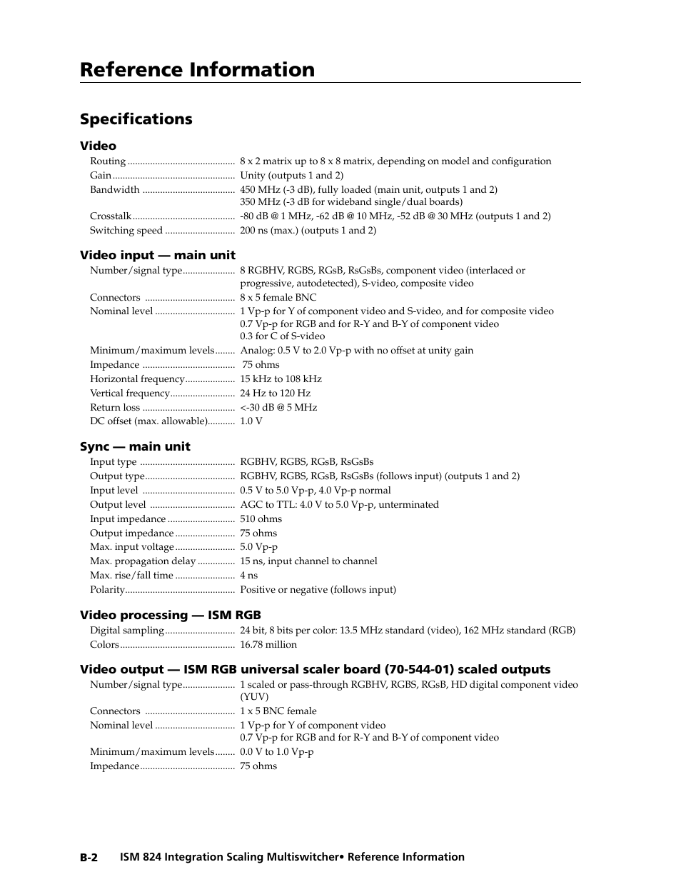 Specifications, Reference information, Reference information, cont’d | Extron Electronics ISM 824 User Manual | Page 174 / 180