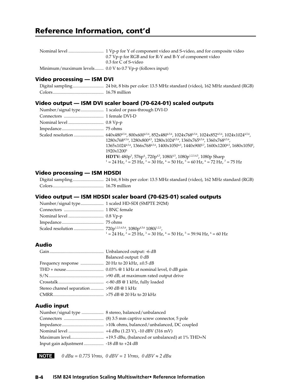 Reference information, cont’d, Video processing — ism dvi, Video processing — ism hdsdi | Audio, Audio input | Extron Electronics ISM 824 User Manual | Page 176 / 180