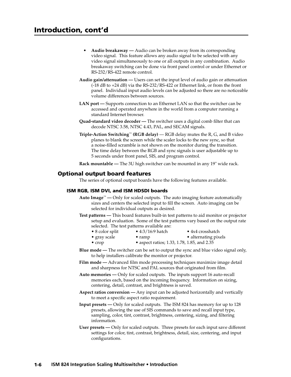 Optional output card feature, Universal scaler card (ism rgb, Eatures -6 | Ism rgb, ism dvi, and ism hdsdi boards -6, Introduction, cont’d, Optional output board features | Extron Electronics ISM 824 User Manual | Page 20 / 180