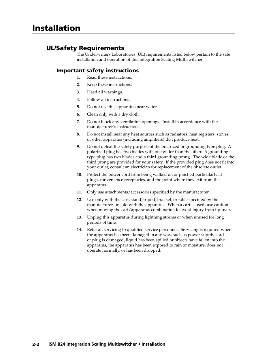 Ul/safety requirements, Important safety instructions, U/l safety requirements | Tructions -2, Installation, Installation, cont’d | Extron Electronics ISM 824 User Manual | Page 24 / 180
