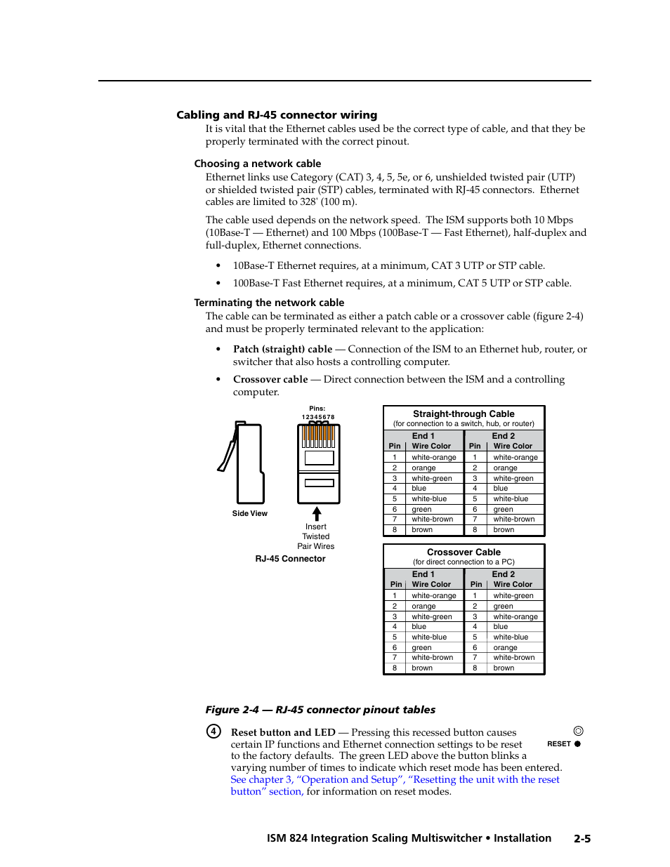 Cabling and rj-45 connector wiring, Choosing a network cable, Terminating the network cable | Chapter 2, Installation, Cabling and rj-45 connector wiring -5, Choosing a network cable -5, Erminating the network cable -5 | Extron Electronics ISM 824 User Manual | Page 27 / 180