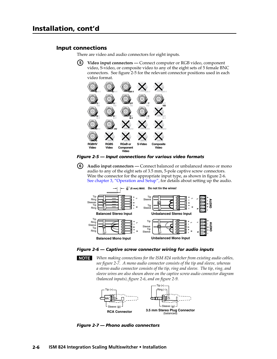 Input connections, Put connections -6, Installation, cont’d | Figure 2-7 — phono audio connectors | Extron Electronics ISM 824 User Manual | Page 28 / 180