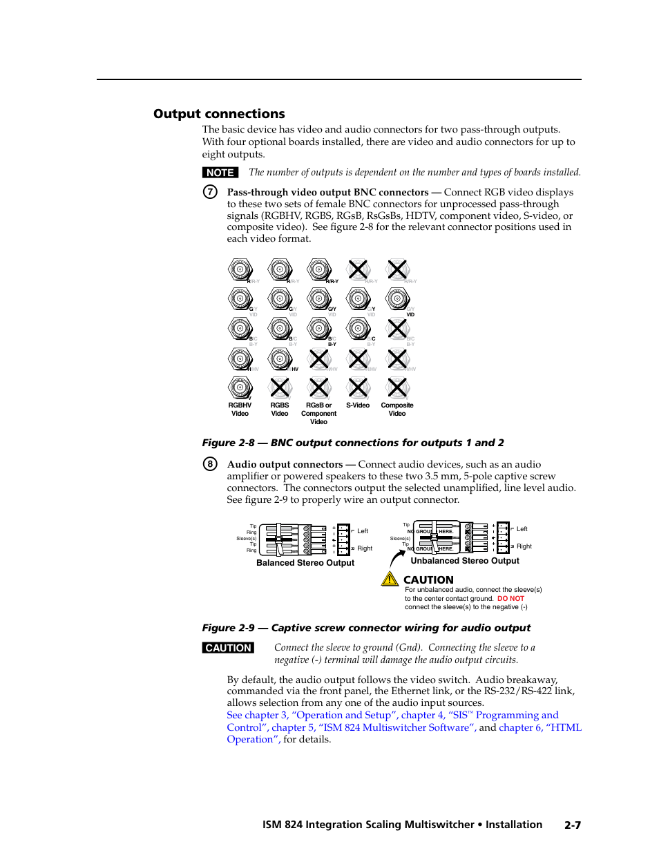 Output connections, Output connections -7, Caution | Extron Electronics ISM 824 User Manual | Page 29 / 180