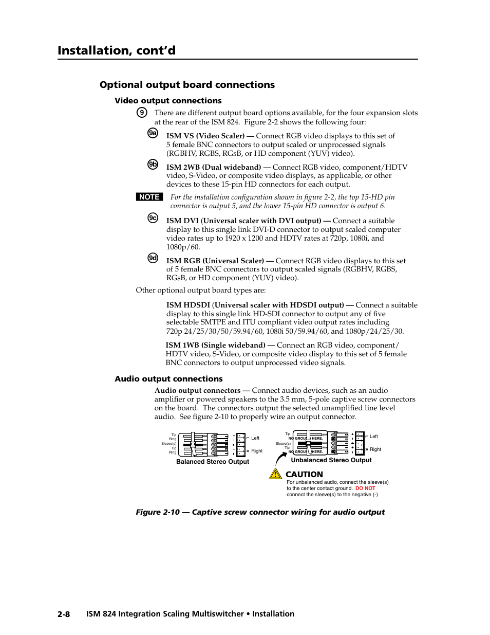 Optional output card connections, Video output connections, Audio output connections | Optional output card connections -8, Connections -8, Installation, cont’d, Optional output board connections | Extron Electronics ISM 824 User Manual | Page 30 / 180