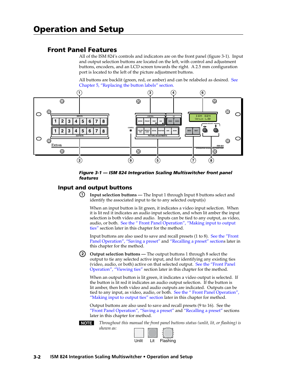 Front panel features, Input and output buttons, S -2 | Operation and setup | Extron Electronics ISM 824 User Manual | Page 34 / 180