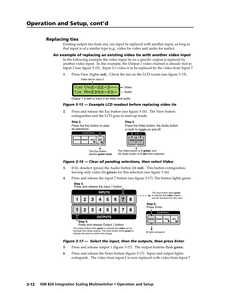Replacing ties, Replacing ties, Video tie with another video input -12 | Operation and setup, cont’d | Extron Electronics ISM 824 User Manual | Page 44 / 180