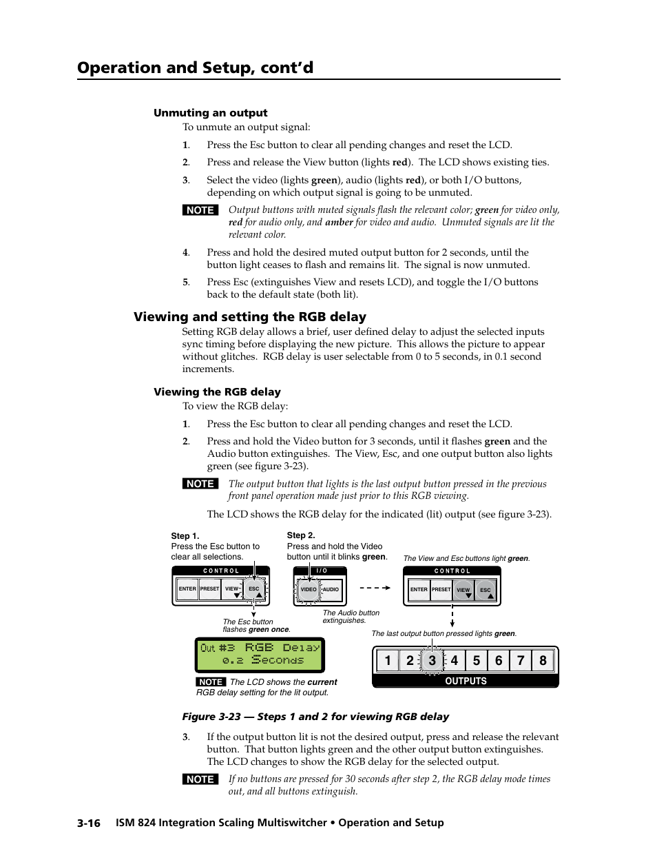 Unmuting an output, Unmuting an output, Viewing and setting the rgb delay | Viewing the rgb delay, Operation and setup, cont’d, T #3, Viewing and setting the rgb delay, Elay, Econds | Extron Electronics ISM 824 User Manual | Page 48 / 180