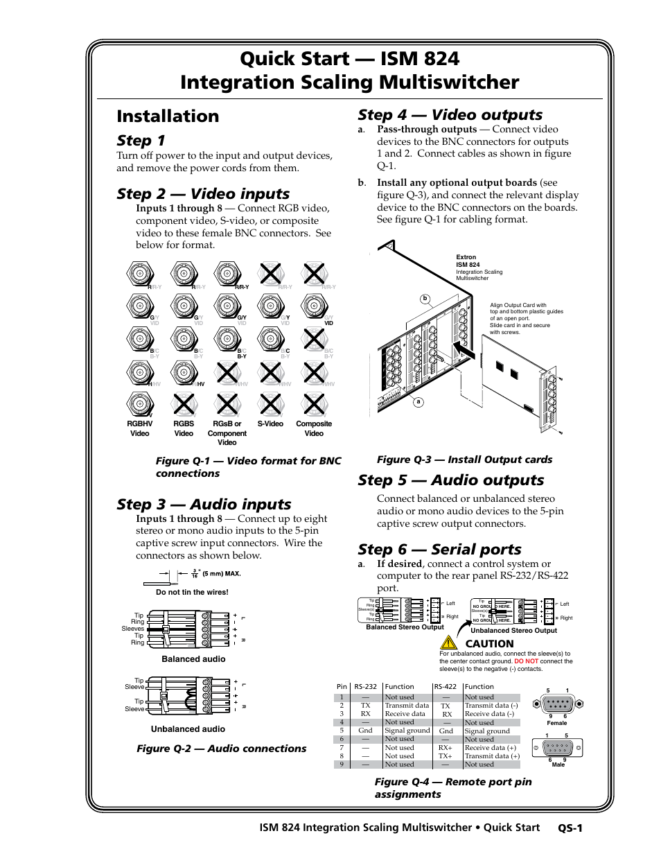 Installation, Step 4 — video outputs, Step 5 — audio outputs | Step 6 — serial ports, Step 1, Step 2 — video inputs, Step 3 — audio inputs, Caution, Figure q-1 — video format for bnc connections, R/ r-y g/y b/ b-y h/ hv v | Extron Electronics ISM 824 User Manual | Page 5 / 180