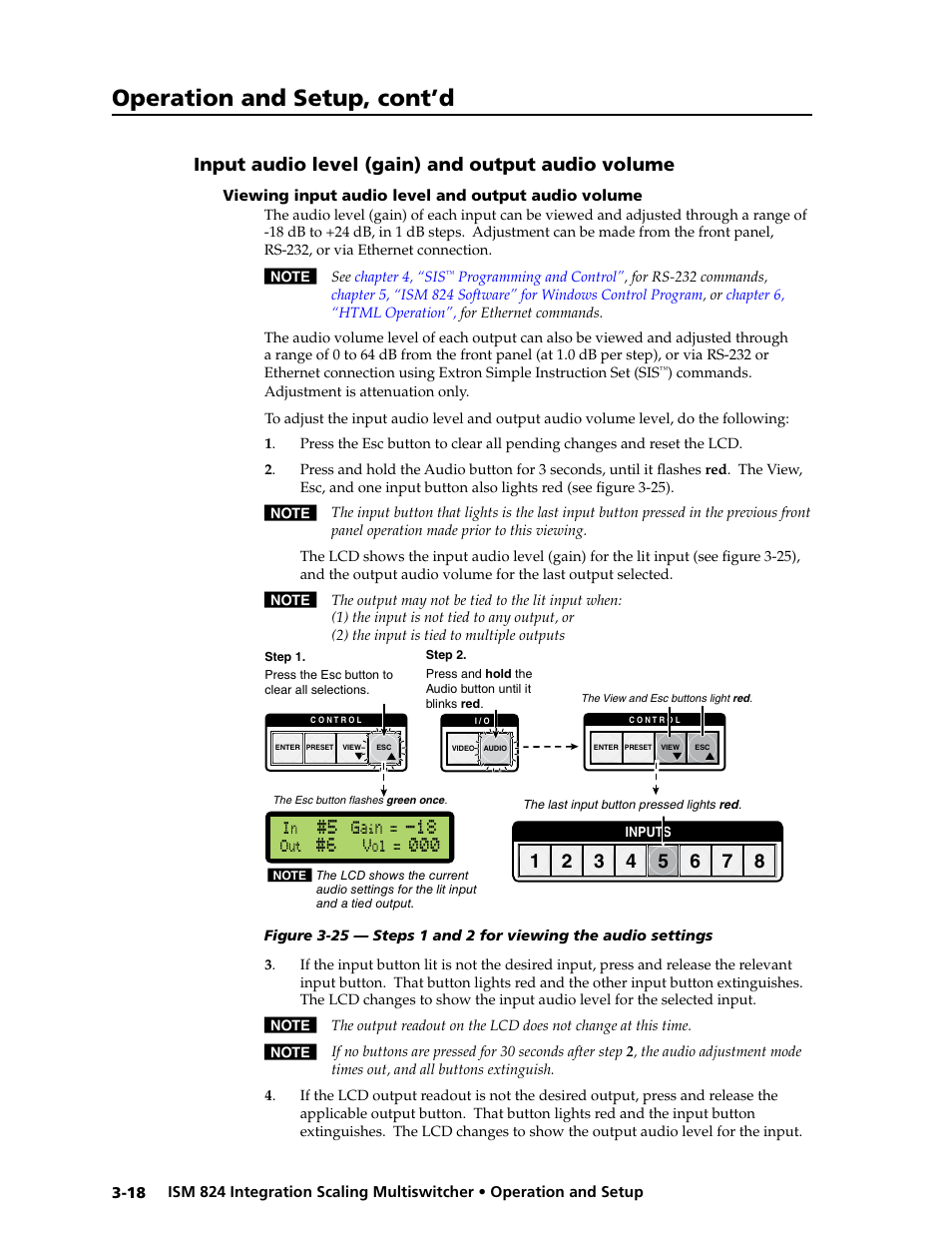 Input audio level (gain) and output audio volume, Viewing input audio level and output audio volume, Input audio level (gain) and output audio volume | Input audio level and output audio volume -18, Operation and setup, cont’d | Extron Electronics ISM 824 User Manual | Page 50 / 180