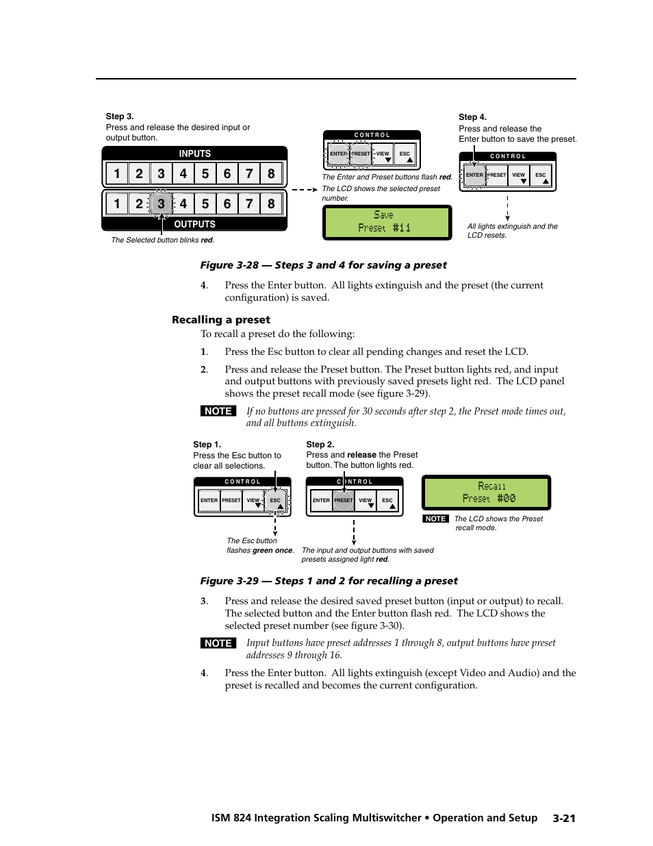 Recalling a preset, Recalling a preset, Recalling a preset” section | S later in, Sections, 00 r, 11 s, 00 s, Reset, Ecall | Extron Electronics ISM 824 User Manual | Page 53 / 180