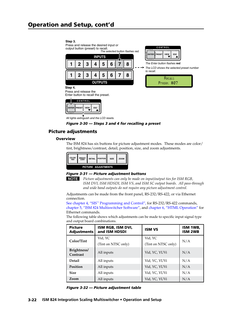 Picture adjustments, Overview, Chapter 3, “operation and setup”, “picture | Adjustments” section, For information about all, Picture adjustments, Section later, Selection, See the “front panel operation”, “picture, Adjustments | Extron Electronics ISM 824 User Manual | Page 54 / 180