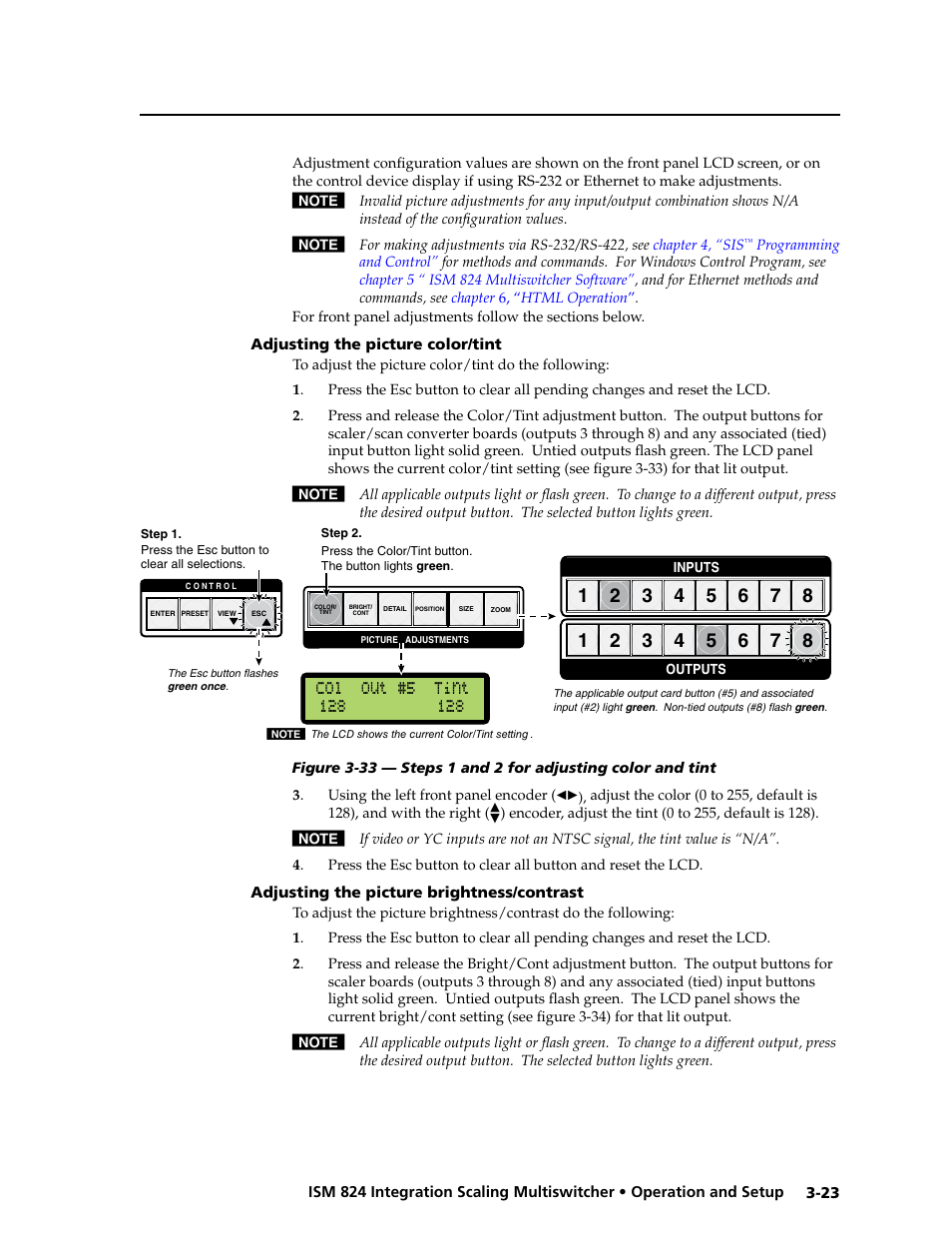 Adjusting the picture color/tint, Adjusting the picture brightness/contrast | Extron Electronics ISM 824 User Manual | Page 55 / 180