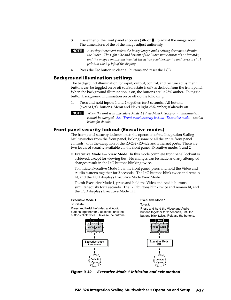 Background illumination settings, Front panel security lockout (executive modes), Chapter 3, “operation and setup”, “front | Panel security lockout (executive mode), Section, Background illumination settings, Front panel security lockout (executive modes) | Extron Electronics ISM 824 User Manual | Page 59 / 180