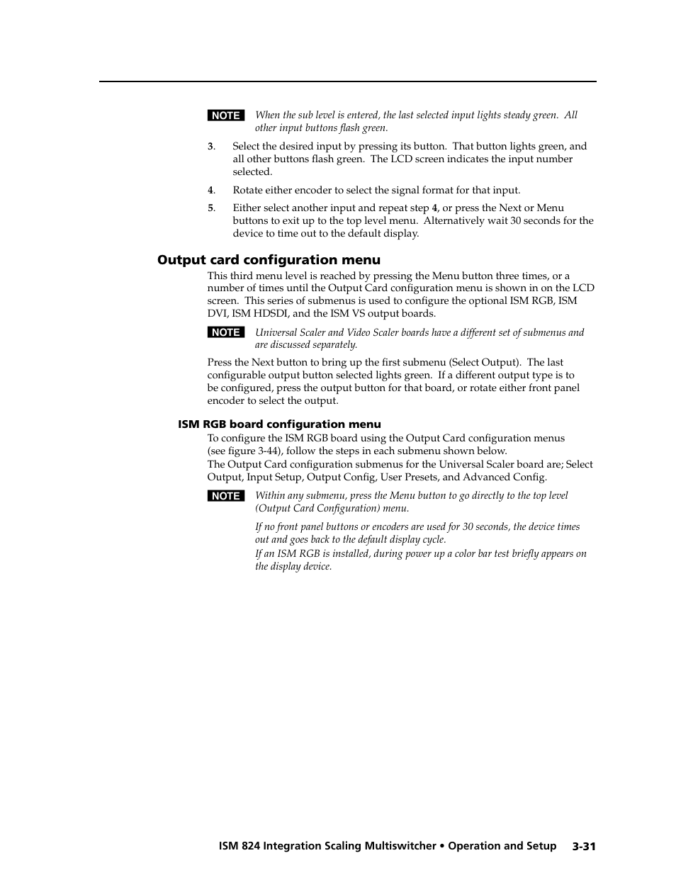 Output card configuration menu, Universal scaler configuration menu, Output card configuration menu | Configuration menu -31, Ism dvi board configuration menu -37, Configuration menu | Extron Electronics ISM 824 User Manual | Page 63 / 180