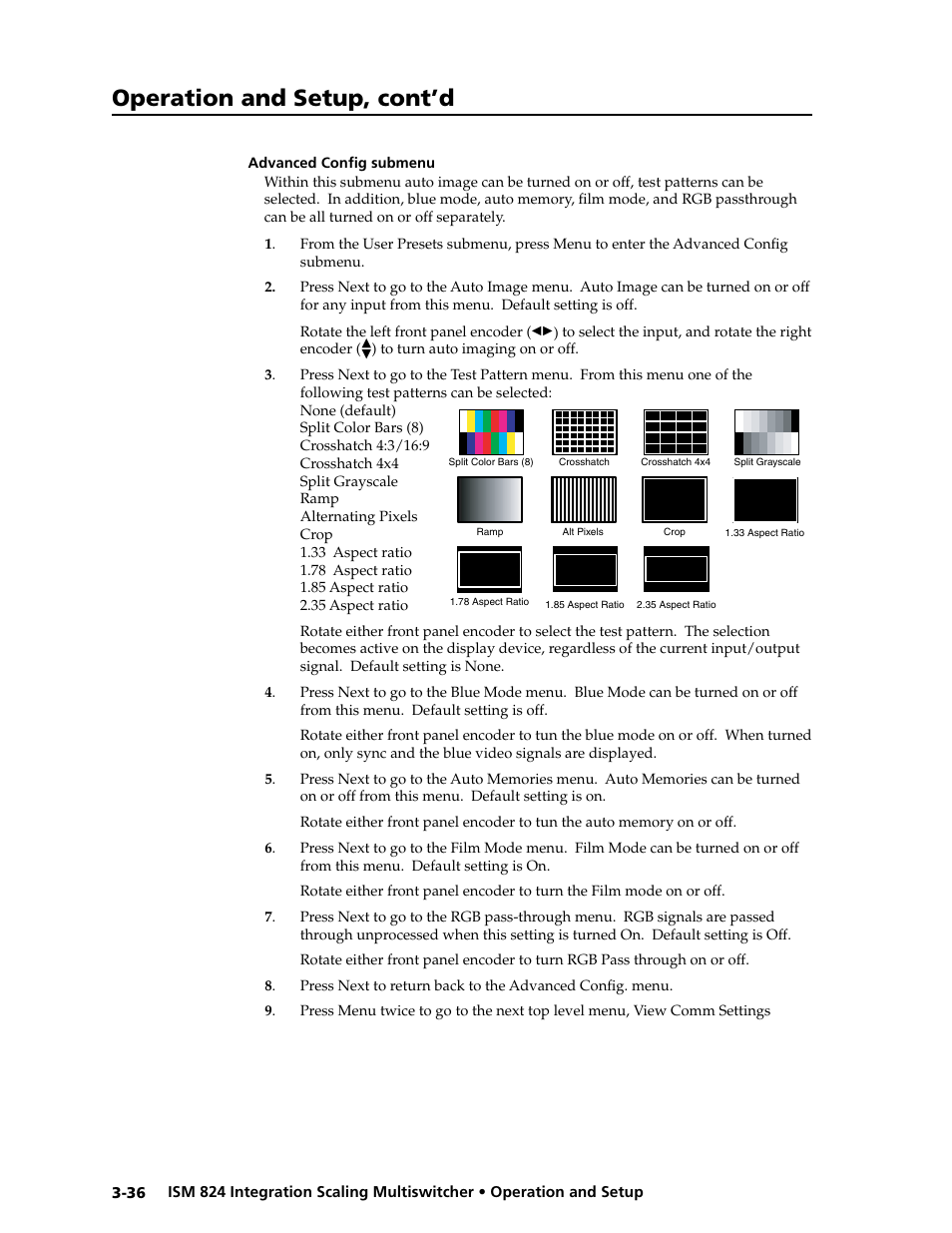 Advanced config submenu, G submenu -36, G submenu | Operation and setup, cont’d | Extron Electronics ISM 824 User Manual | Page 68 / 180