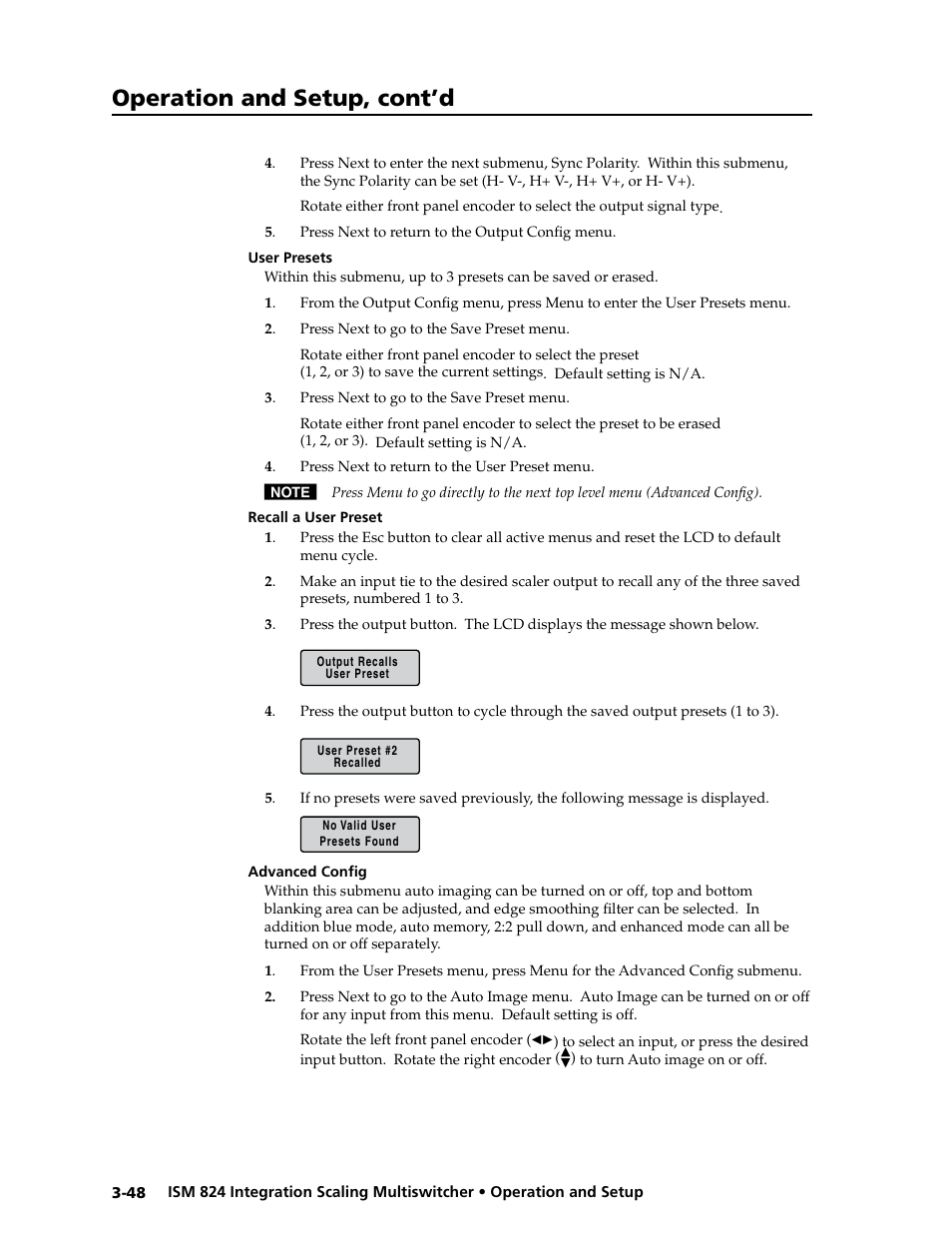 User presets, Recall a user preset, Advanced config | User presets, Operation and setup, cont’d | Extron Electronics ISM 824 User Manual | Page 80 / 180
