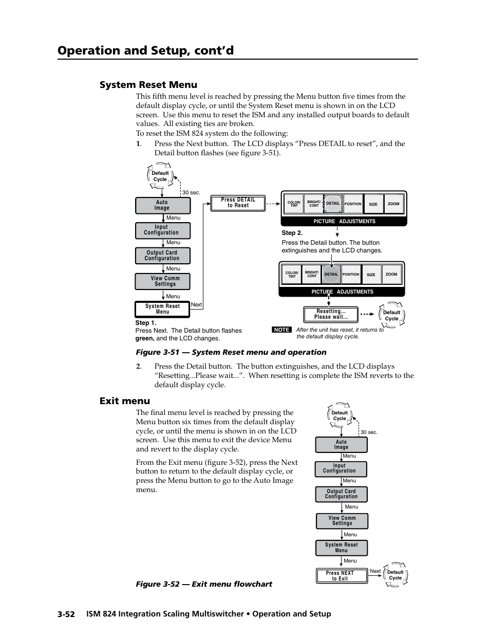 System reset menu, Exit menu, Operation and setup, cont’d | Extron Electronics ISM 824 User Manual | Page 84 / 180