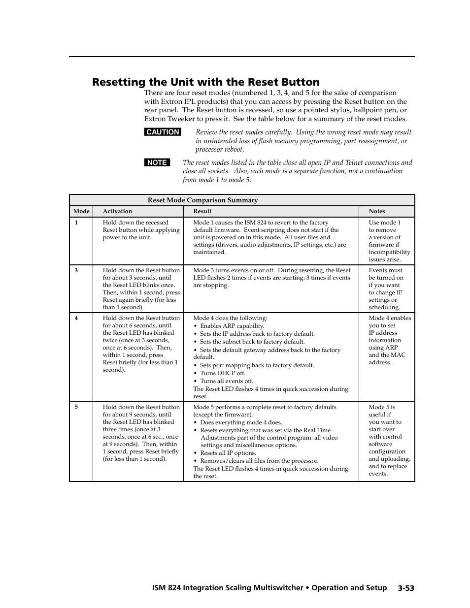 Resetting the unit with the reset button, Resetting the unit with the reset button | Extron Electronics ISM 824 User Manual | Page 85 / 180