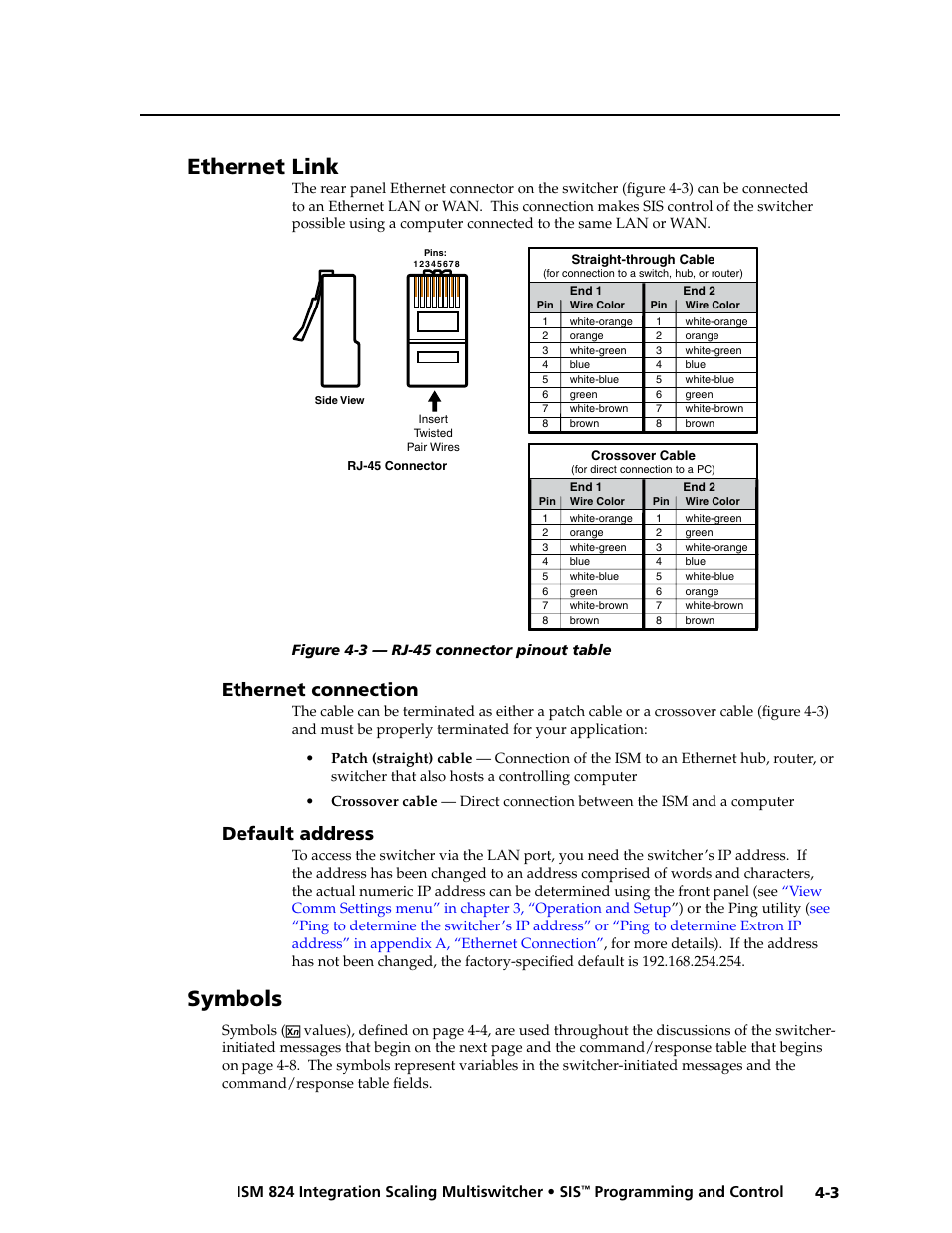 Ethernet link, Ethernet connection, Default address | Symbols, Ethernet connection -3 default address -3 | Extron Electronics ISM 824 User Manual | Page 89 / 180