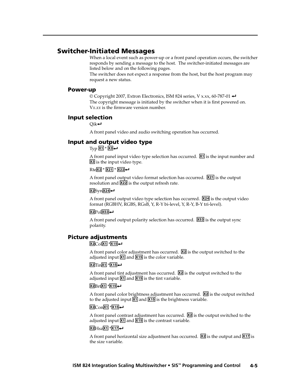 Switcher-initiated messages, Power-up, Input selection | Input and output video type, Picture adjustments | Extron Electronics ISM 824 User Manual | Page 91 / 180
