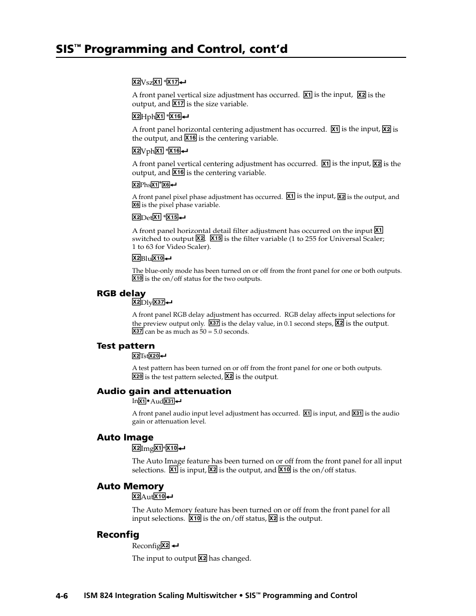 Rgb delay, Test pattern, Audio gain and attenuation | Auto image, Auto memory, Reconfig, Programming and control, cont’d | Extron Electronics ISM 824 User Manual | Page 92 / 180