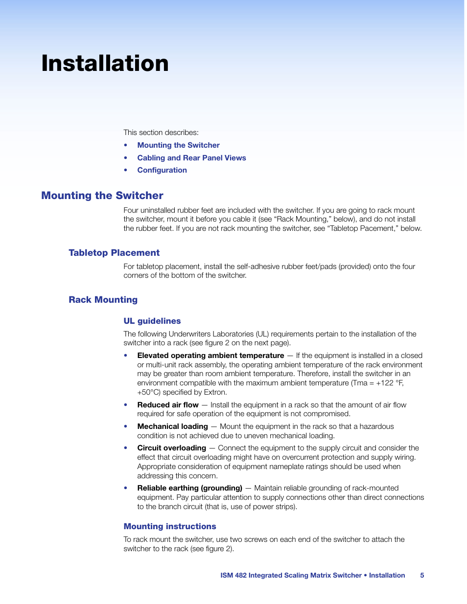Installation, Mounting the switcher, Tabletop placement | Rack mounting, Tabletop placement rack mounting | Extron Electronics ISM 482 User Manual | Page 11 / 82