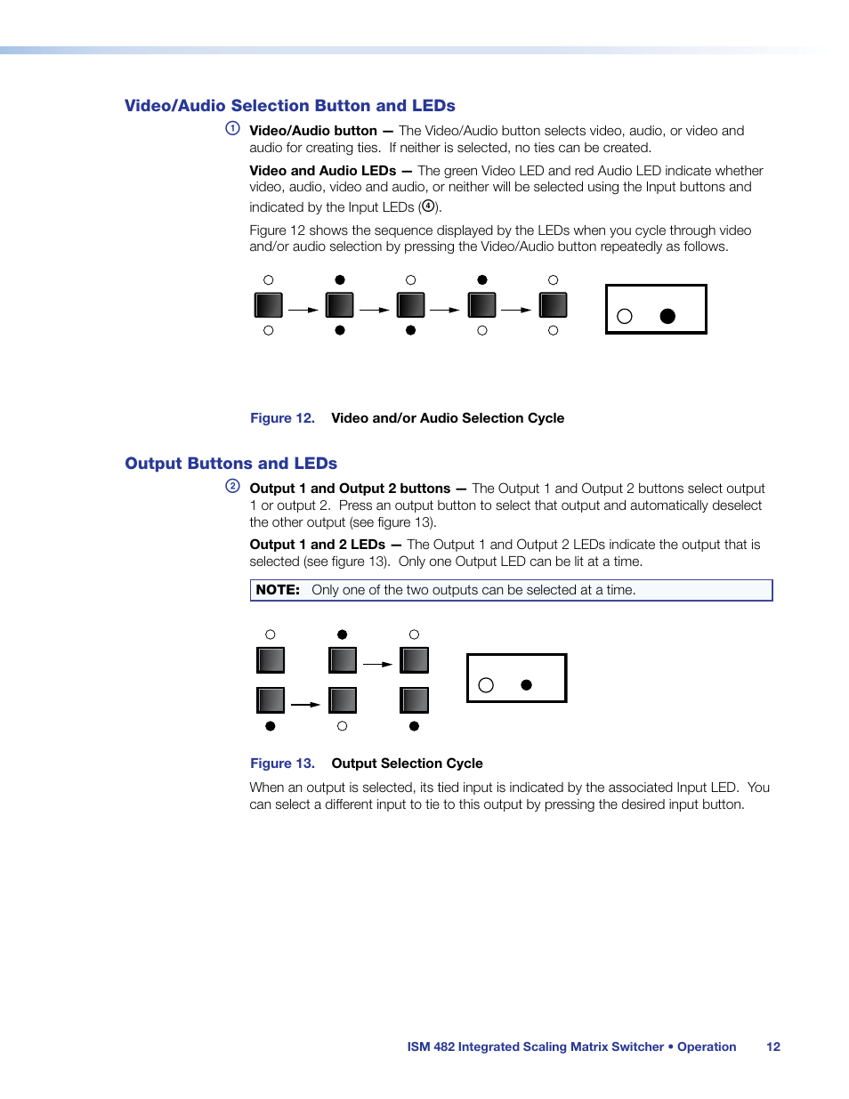 Video/audio selection button and leds, Output buttons and leds, Operation | Section (see | Extron Electronics ISM 482 User Manual | Page 18 / 82