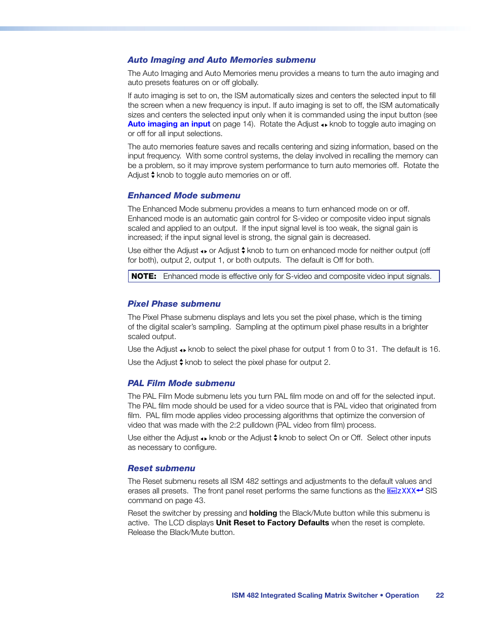 Auto imaging and auto memories, Submenu | Extron Electronics ISM 482 User Manual | Page 28 / 82