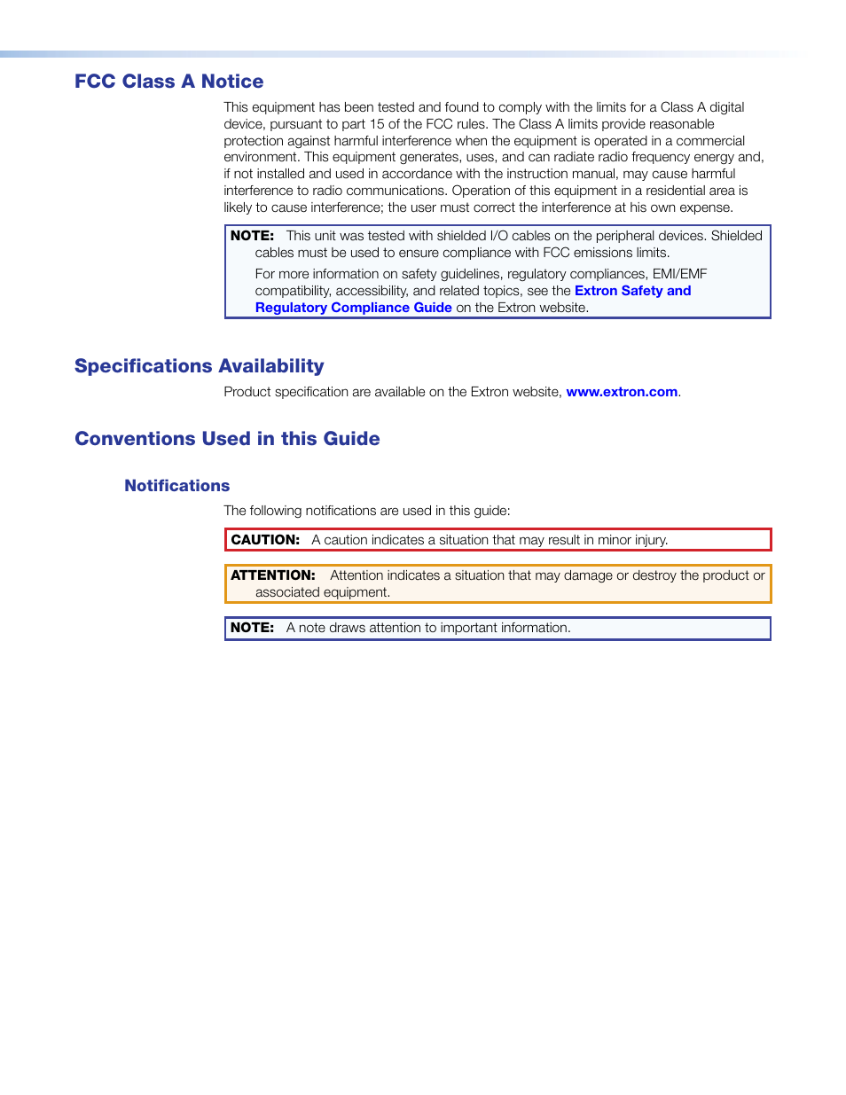 Fcc class, Fcc class a notice, Specifications availability | Conventions used in this guide | Extron Electronics ISM 482 User Manual | Page 3 / 82