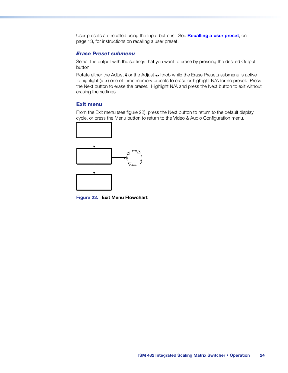 Erase preset submenu, Exit menu | Extron Electronics ISM 482 User Manual | Page 30 / 82