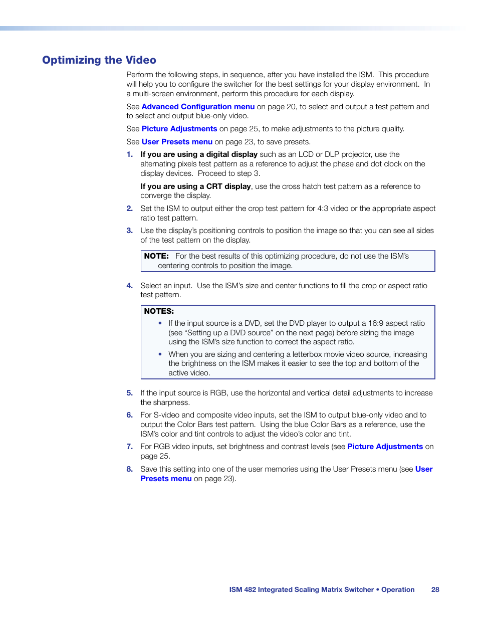 Optimizing the video | Extron Electronics ISM 482 User Manual | Page 34 / 82